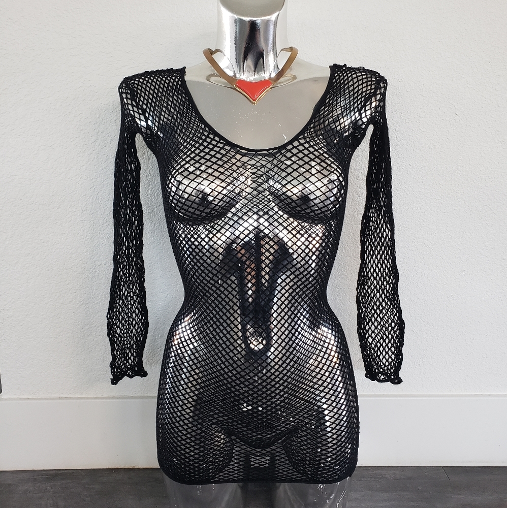 Black Body Stocking Fishnet Long Sleeve Mini